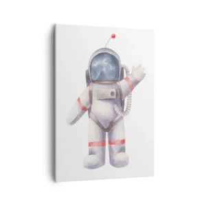 Obraz na płótnie - Akwarelowy astronauta w skafandrze kosmicznym machający ręką - 50x70cm - To na razie! - Nowoczesna dekoracja ścienna do salonu, kuchni i sypialni ARTTOR