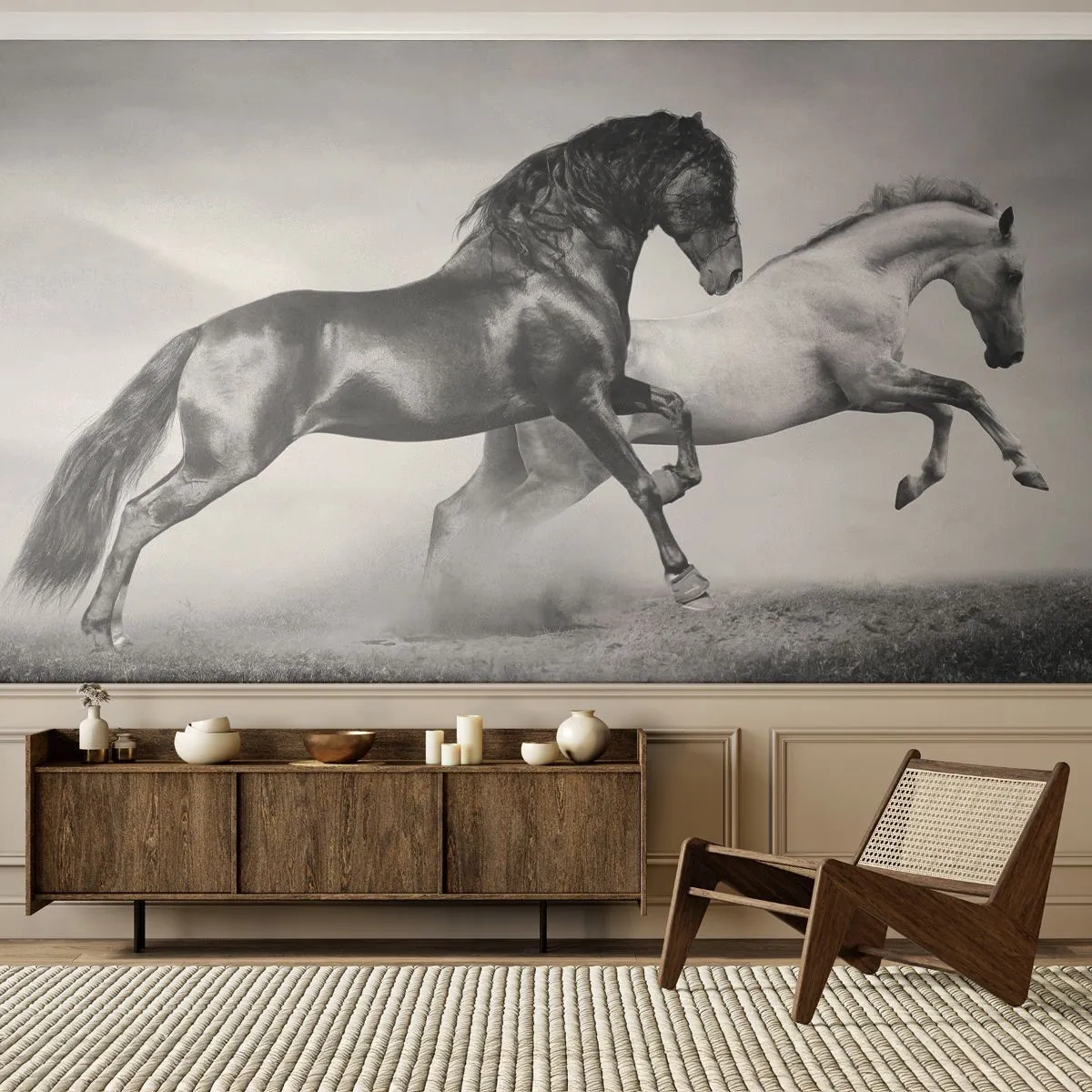 Fototapeta Premium Sand - Czarno-białe konie w dynamicznym galopie - 100x70cm - Anioły i demony - Nowoczesna dekoracja ścienna do salonu, kuchni i sypialni ARTTOR