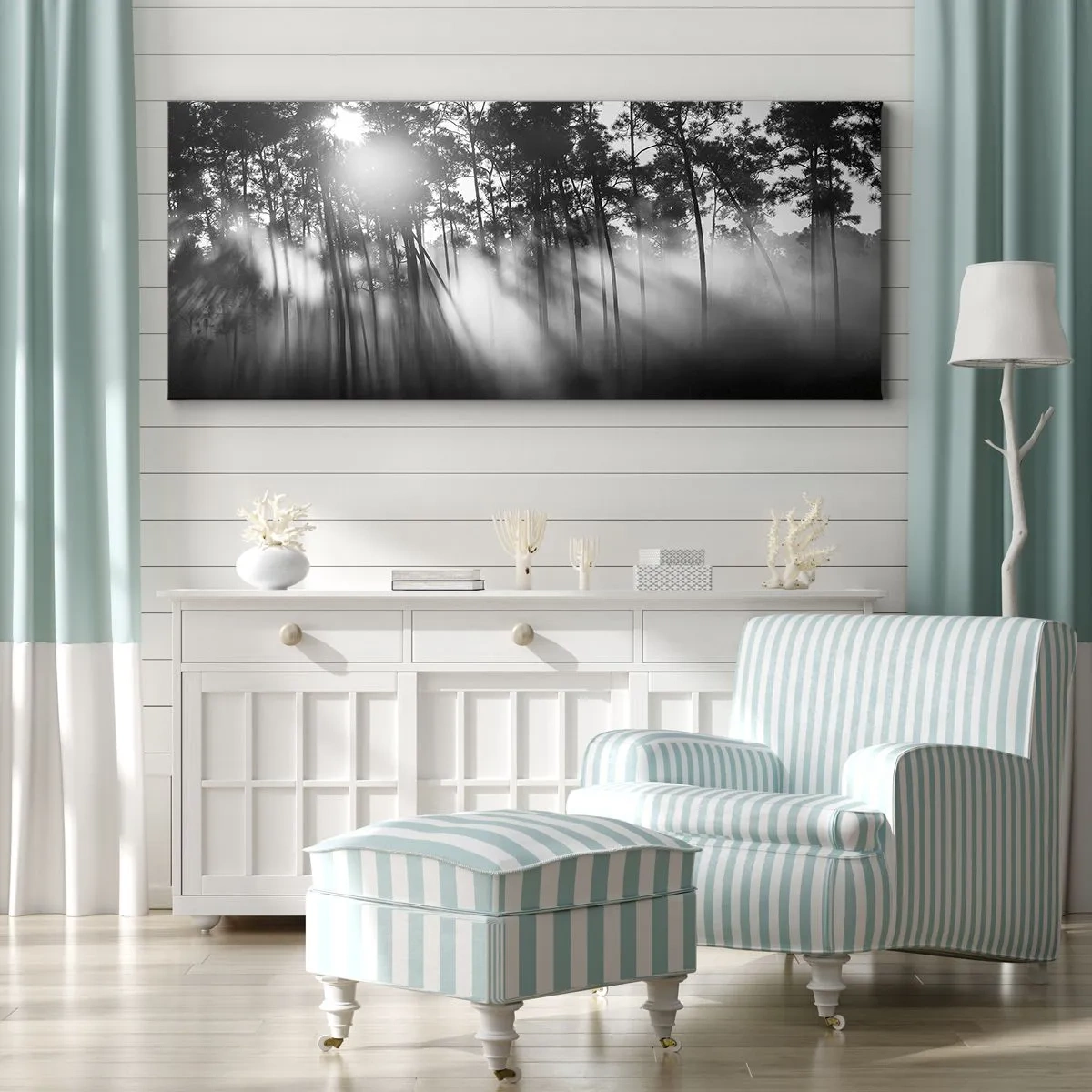 Obraz na płótnie - Czarno-biały las w porannej mgle - 160x50cm - Niepowstrzymane słońce - Nowoczesna dekoracja ścienna do salonu i sypialni ARTTOR
