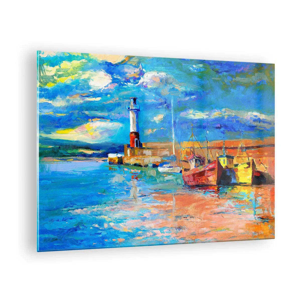 Obraz na szkle - Tęczowa zatoka z latarnią morską i kolorowymi łodziami w porcie - 70x50cm - Popołudnie w tęczowej zatoce - Nowoczesna dekoracja ścienna do salonu i sypialni ARTTOR