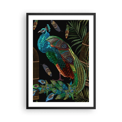 Plakat w czarnej ramie - Kolorowy paw na tle złotych klatek i zielonych liści - 50x70cm - W królewskich szatach - Nowoczesna dekoracja ścienna do salonu i sypialni ARTTOR