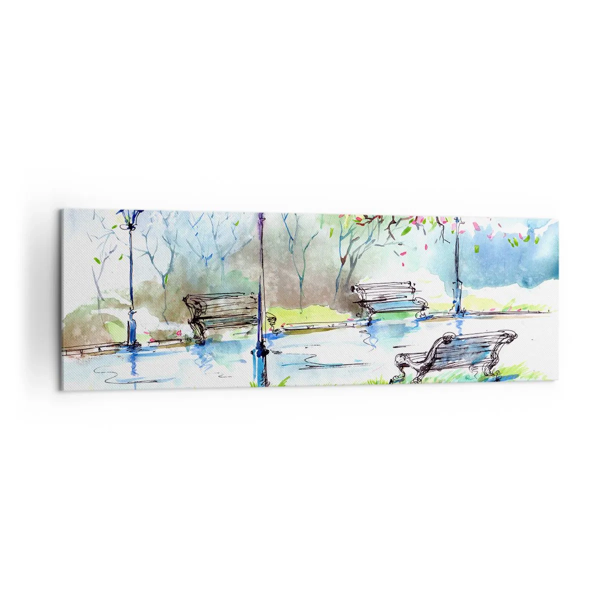 Obraz na płótnie - Akwarelowa scena parku z ławkami i lampami - 160x50cm - Czar parkowej ciszy - Nowoczesna dekoracja ścienna do salonu i sypialni ARTTOR