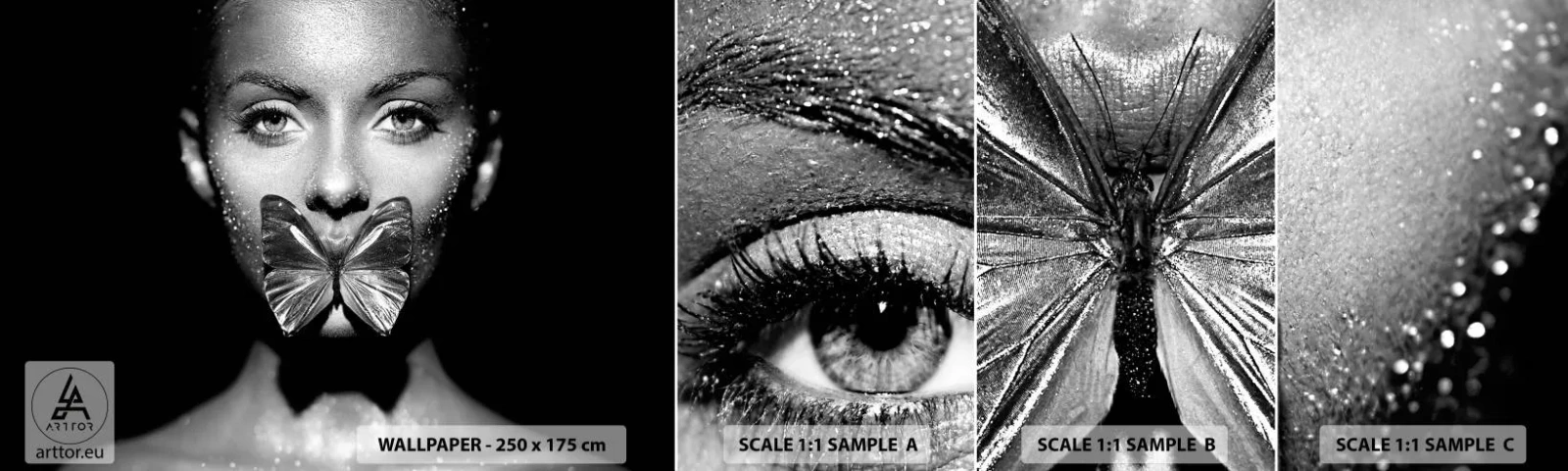 Fototapeta Próbka Samoprzylepna Deluxe Sticker - Motyli pocałunek - Abstrakcja, Kobieta, Motyl - 100x30 cm