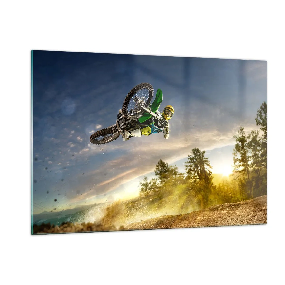 Obraz na szkle - Motocyklista w akcji na tle zachodzącego słońca - 120x80cm - Włącz emocje! - Nowoczesna dekoracja ścienna do salonu, kuchni i sypialni ARTTOR