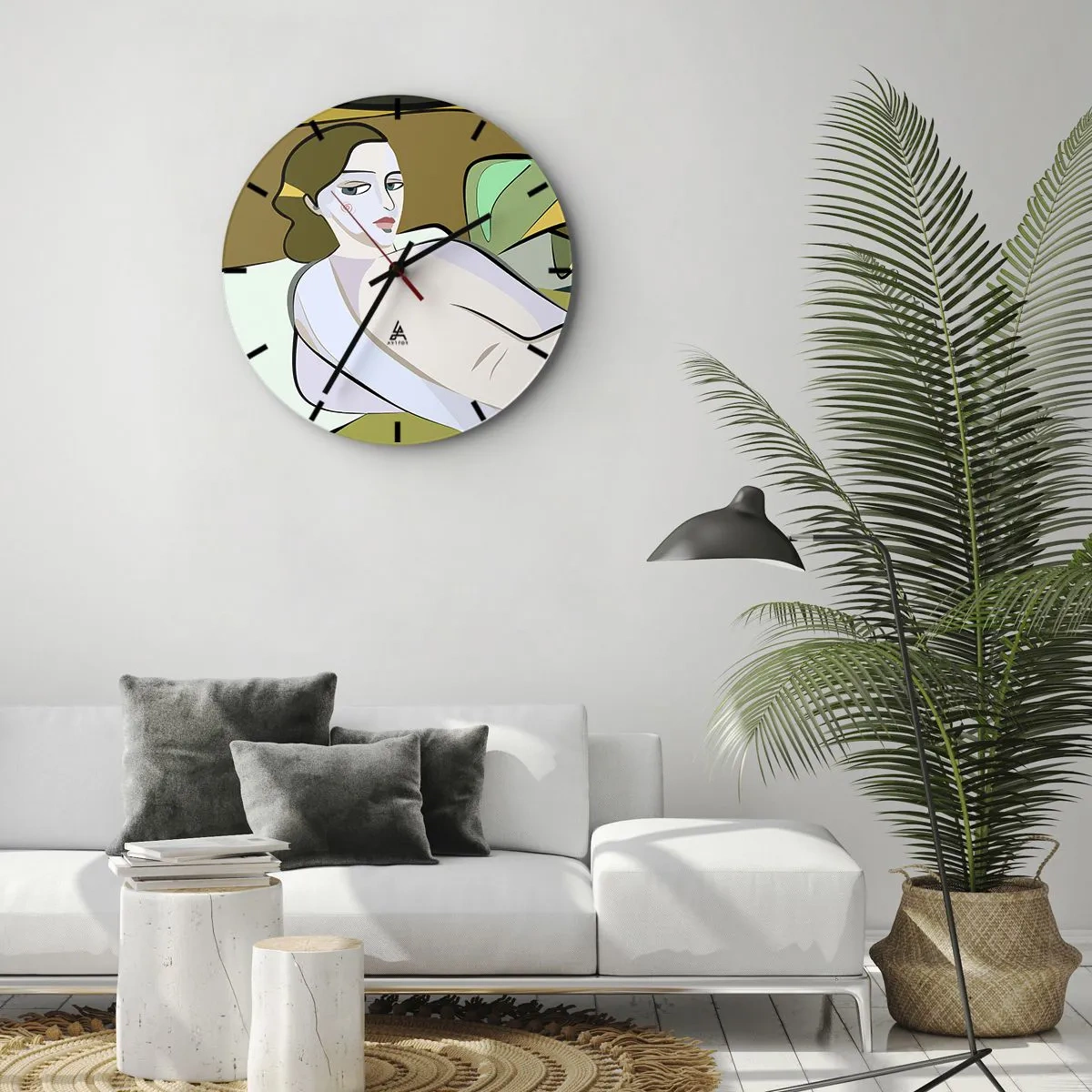 Zegar ścienny - Kobieca postać w stylu kubistycznym na tle abstrakcji - 30x30cm - Portret intymny - Nowoczesna dekoracja ścienna do salonu, kuchni i sypialni ARTTOR