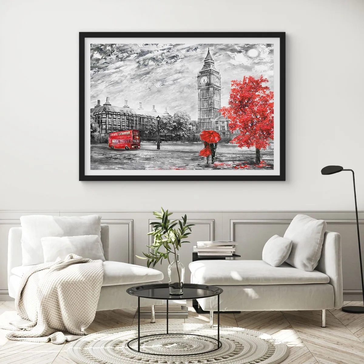 Plakat w czarnej ramie - Ikoniczny widok Londynu z Big Benem, czerwonym autobusem i parasolką - 70x50cm - Ekscytujący dzień - Nowoczesna dekoracja ścienna do salonu i sypialni ARTTOR