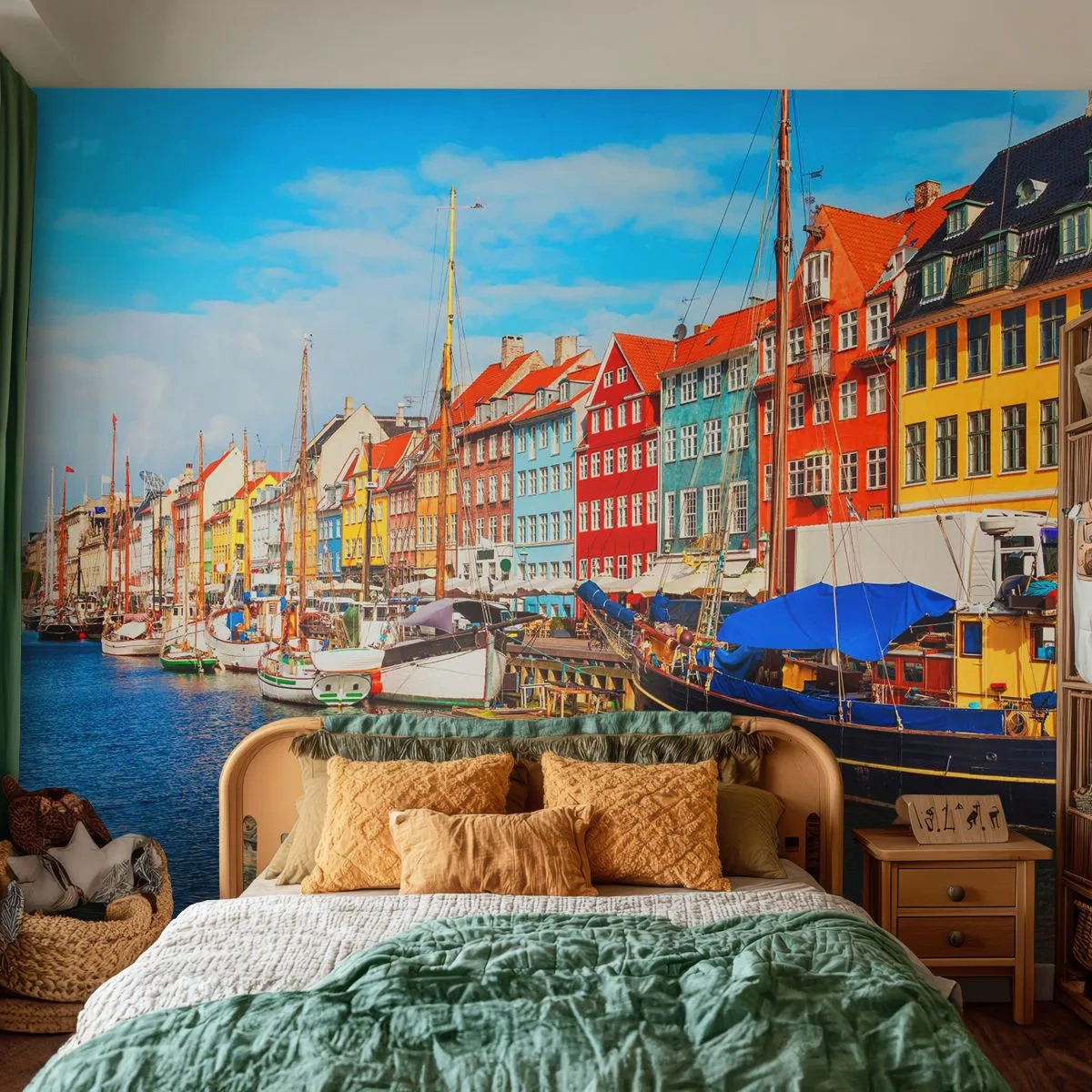 Fototapeta Premium Sand - Kolorowe kamienice i łodzie w kanale portowym - 100x70cm - Radosne nabrzeże - Nowoczesna dekoracja ścienna do salonu, kuchni i sypialni ARTTOR