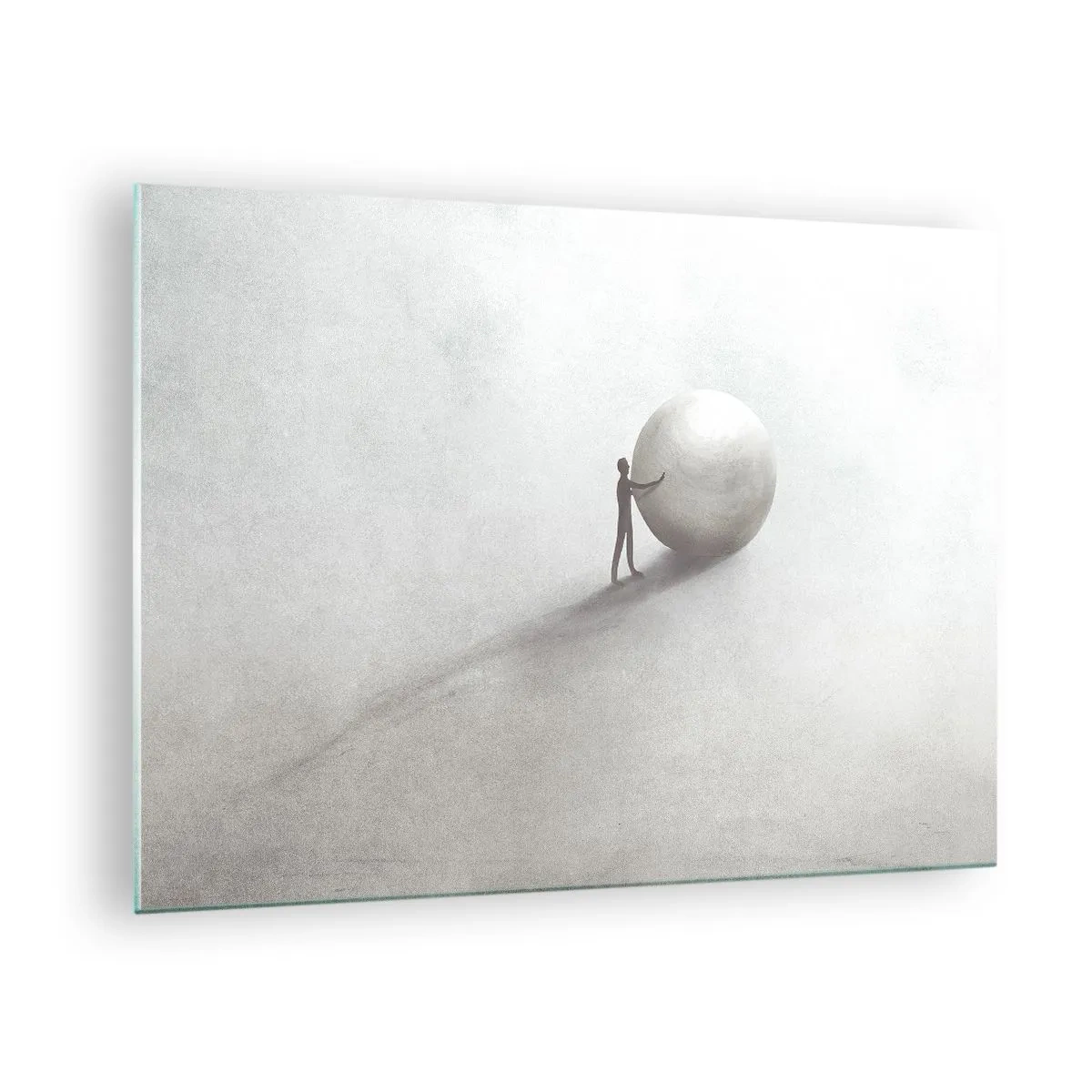 Obraz na szkle - Minimalistyczna sylwetka człowieka z dużą kulą na jasnym tle - 70x50cm - Gra życia - Nowoczesna dekoracja ścienna do salonu i sypialni ARTTOR