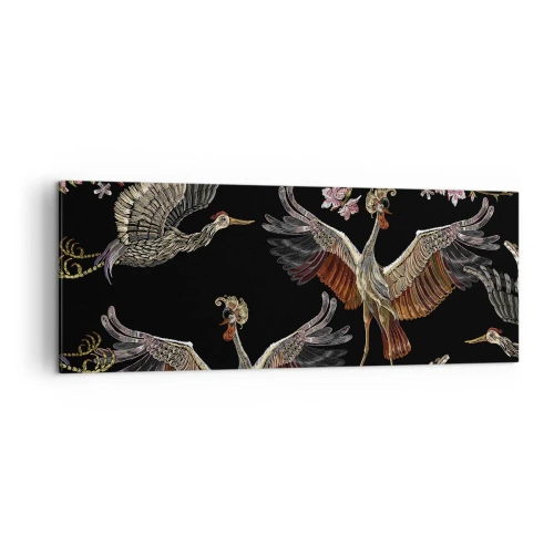 Obraz na płótnie - Stylowe żurawie i kwiaty na czarnym tle - 140x50cm - Baśniowy ptak - Nowoczesna dekoracja ścienna do salonu i sypialni ARTTOR