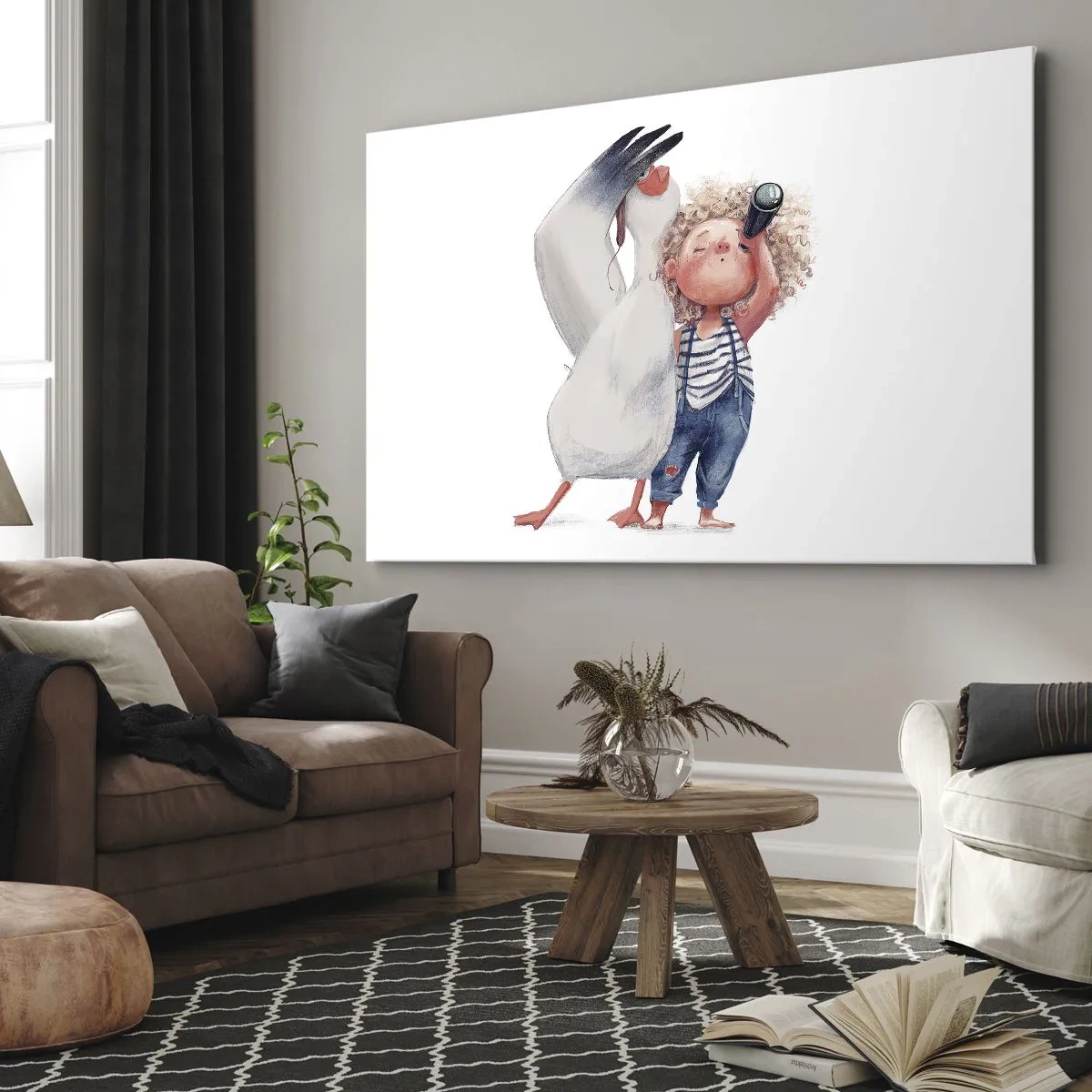 Obraz na płótnie - Ilustracja dziecka z pelikanem i lunetą w ręku - 70x50cm - Plan wielkiej podróży - Nowoczesna dekoracja ścienna do salonu i sypialni ARTTOR