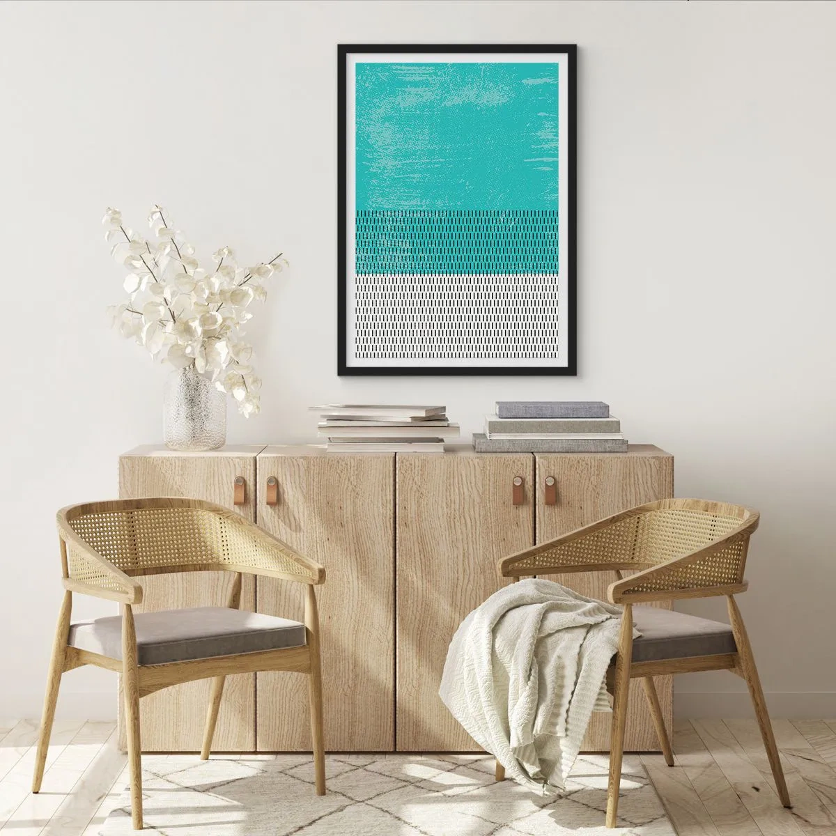 Plakat w czarnej ramie - Geometryczny wzór z turkusowymi i białymi elementami w minimalistycznym stylu - 50x70cm - Kompozycja zrównoważona - Nowoczesna dekoracja ścienna do salonu i sypialni ARTTOR