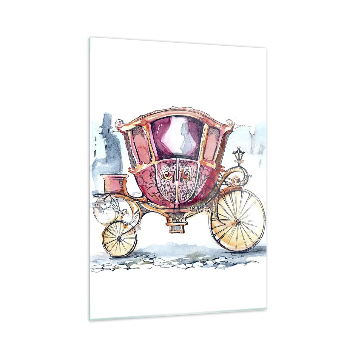 Obraz na szkle - Elegancka kareta w stylu akwarelowym na tle ulicy - 50x70cm - Do ślubu czy na bal? - Nowoczesna dekoracja ścienna do salonu, kuchni i sypialni ARTTOR