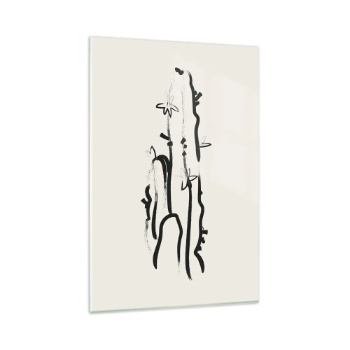 Obraz na szkle - Czarno-biała grafika kaktusa z kwiatami w stylu line art - 80x120cm - Kwitnące zioło - Nowoczesna dekoracja ścienna do salonu i sypialni ARTTOR