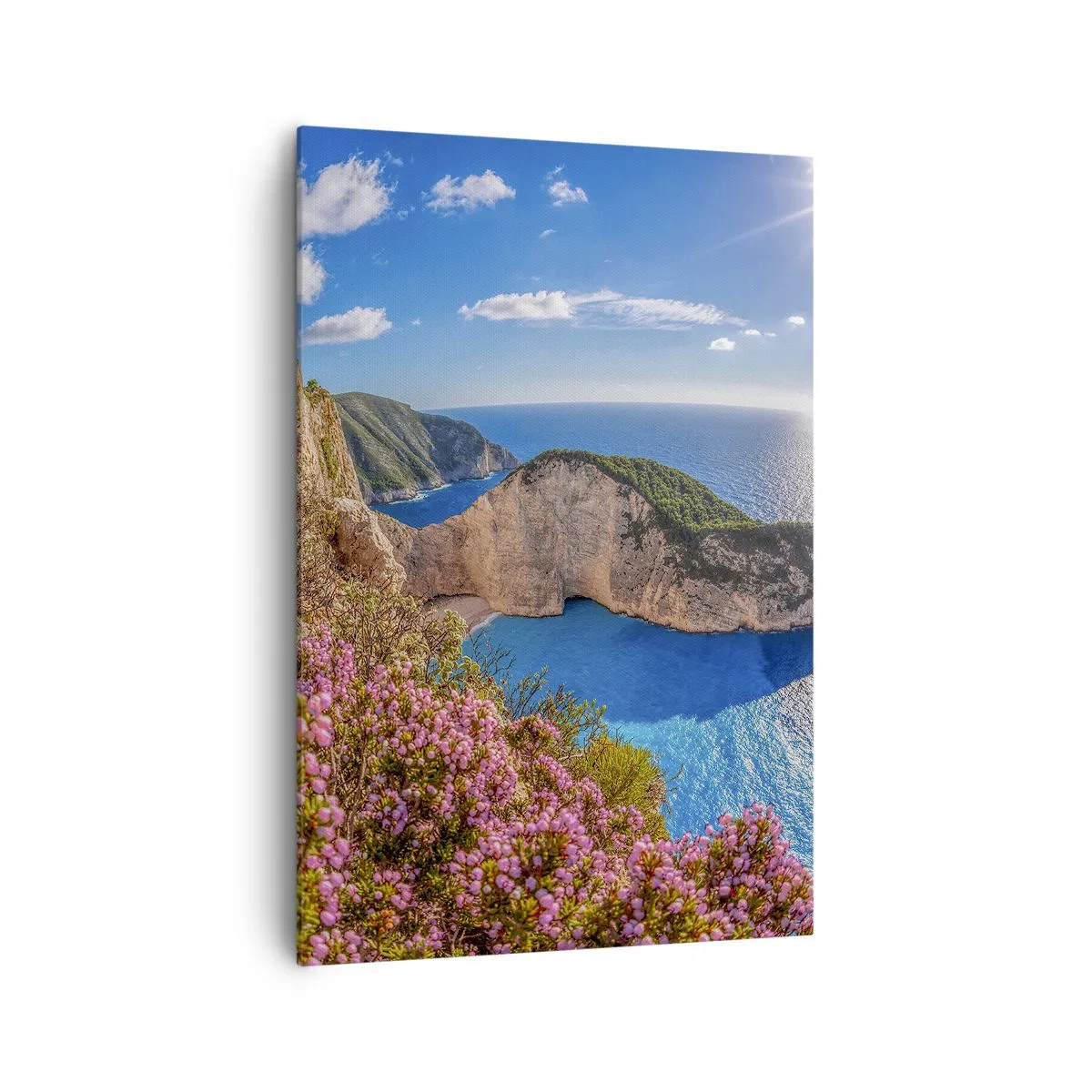 Obraz na płótnie - Klif z kwiatami, turkusowe morze i słoneczny grecki krajobraz - 70x100cm - Moje wielkie greckie wakacje - Nowoczesna dekoracja ścienna do salonu i sypialni ARTTOR