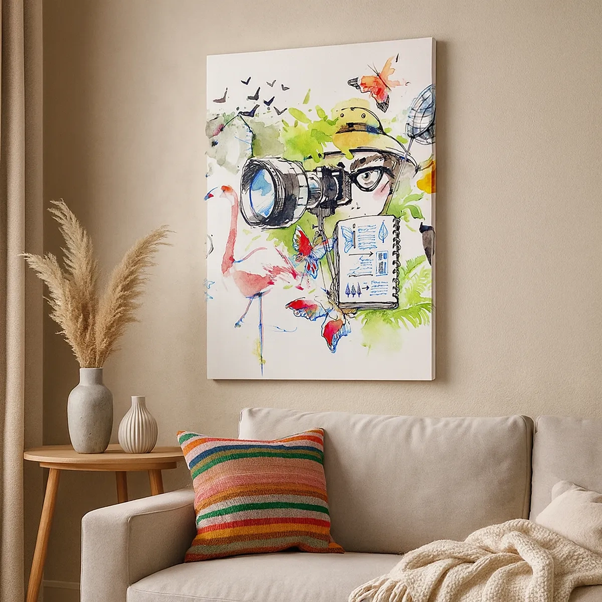 Obraz na płótnie - Fotograf w otoczeniu przyrody - 50x70cm - W obiektywie podróżnika - Nowoczesna dekoracja ścienna do salonu, kuchni i sypialni ARTTOR