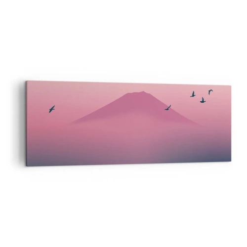 Obraz na płótnie - Minimalistyczny krajobraz z górą i ptakami o wschodzie - 140x50cm - Wędrowcy ponad chmurami - Nowoczesna dekoracja ścienna do salonu i sypialni ARTTOR