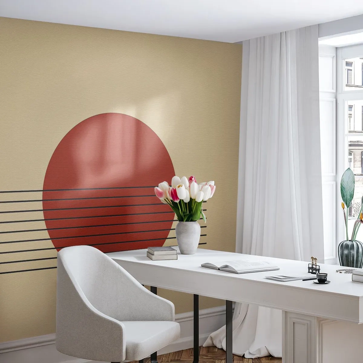 Fototapeta Premium Sand - Minimalistyczne słońce z liniami na beżowym tle - 100x70cm - W koło i dalej - Nowoczesna dekoracja ścienna do salonu, kuchni i sypialni ARTTOR