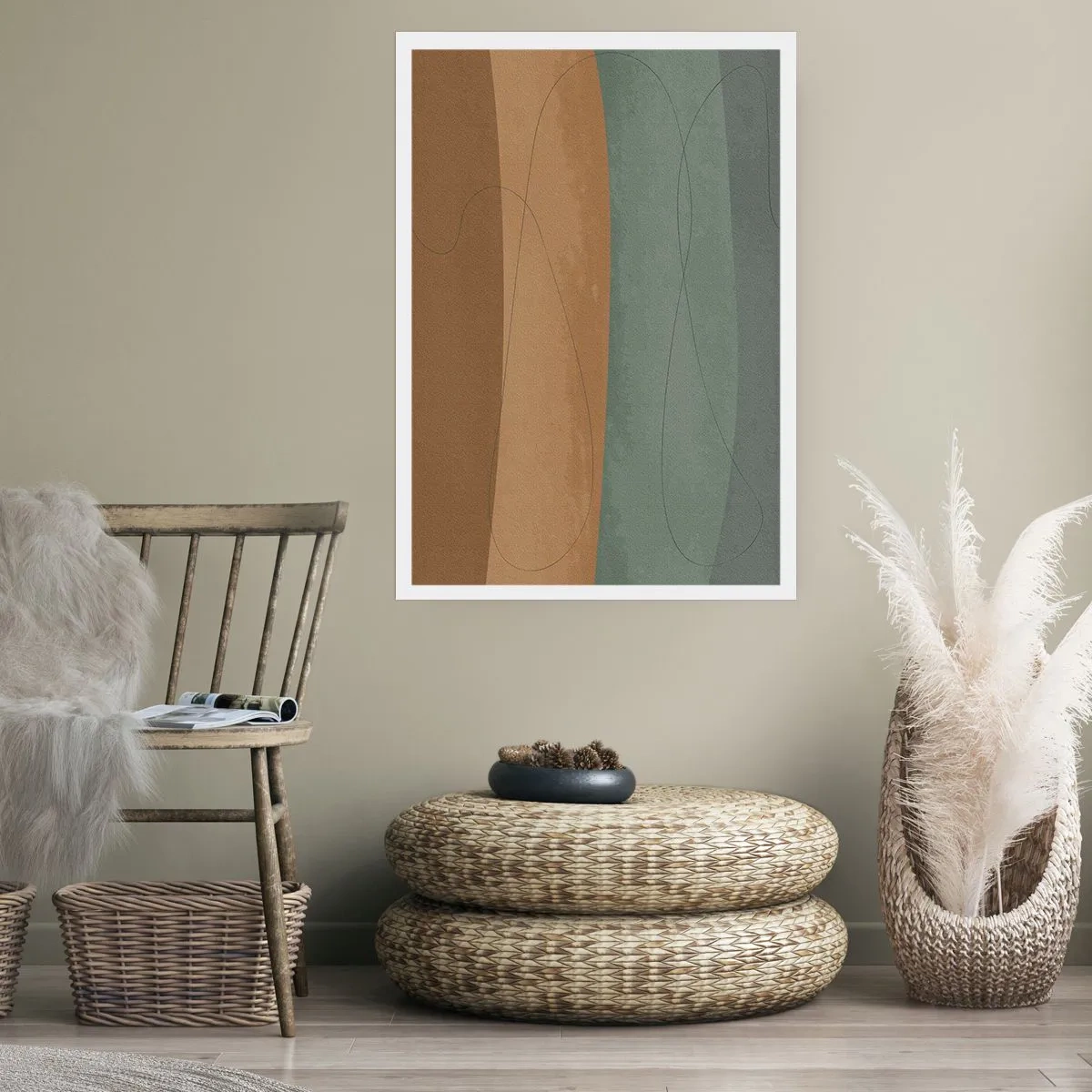 Plakat - Organiczne linie na ziemistych i zielonych tłach - 50x70cm - Kompozycja horyzontalna - Nowoczesna dekoracja ścienna do salonu, kuchni i sypialni ARTTOR