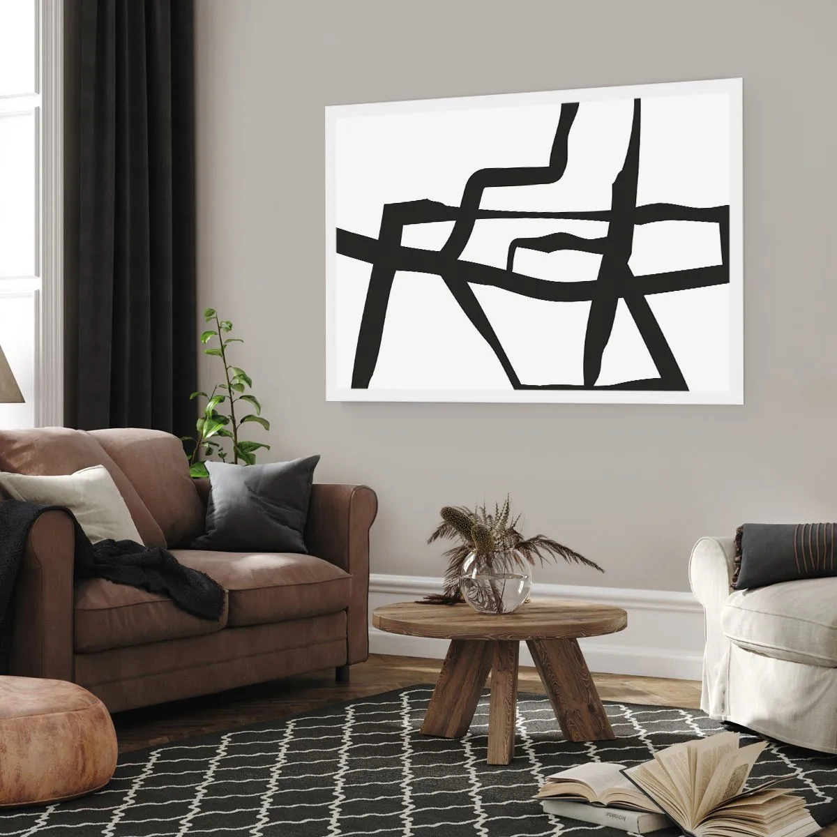 Plakat - Minimalistyczny czarno-biały wzór z geometrycznymi liniami - 100x70cm - Czarno-biała konstrukcja - Nowoczesna dekoracja ścienna do salonu i sypialni ARTTOR