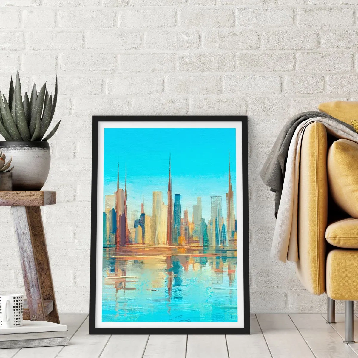 Plakat w czarnej ramie - Kolorowa panorama miasta z odbiciem w wodzie - 50x70cm - Słoneczna metropolia - Nowoczesna dekoracja ścienna do salonu i sypialni ARTTOR