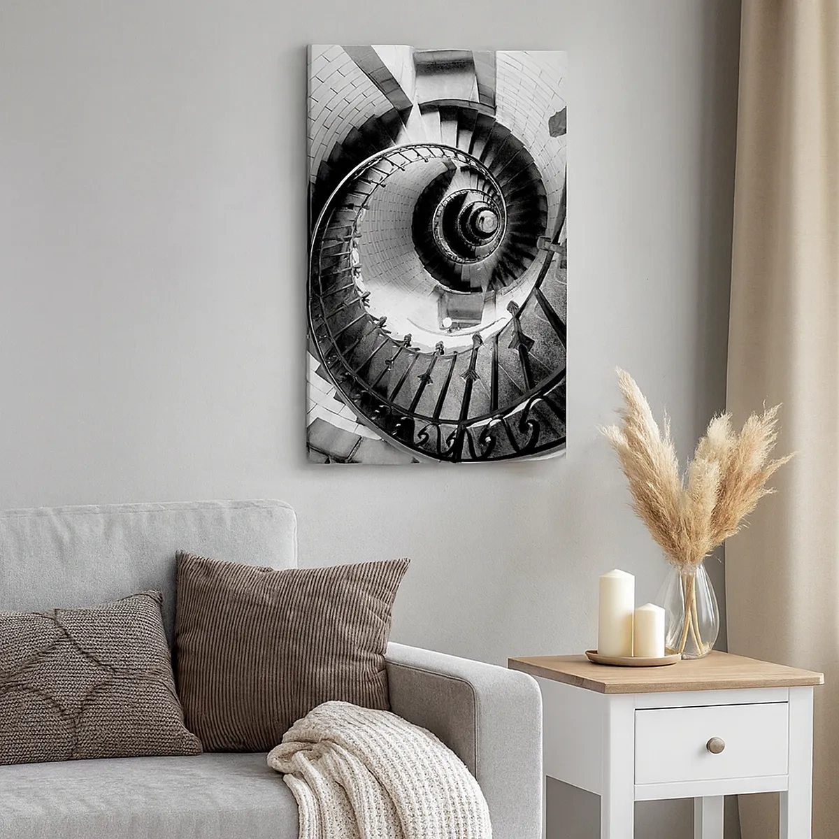 Obraz na płótnie - Czarno-białe spiralne schody w perspektywie z góry - 50x70cm - Wyżej i wyżej - Nowoczesna dekoracja ścienna do salonu, kuchni i sypialni ARTTOR