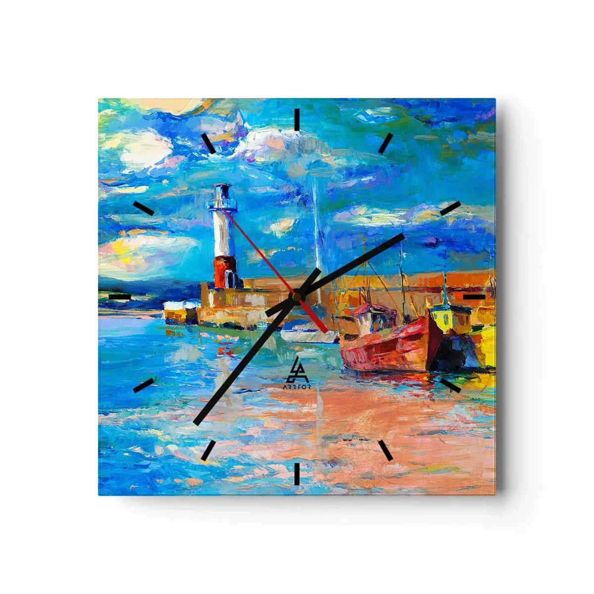 Zegar ścienny - Port rybacki z łodziami i latarnią morską w jasnych kolorach - 30x30cm - Popołudnie w tęczowej zatoce - Nowoczesna dekoracja ścienna do salonu i sypialni ARTTOR