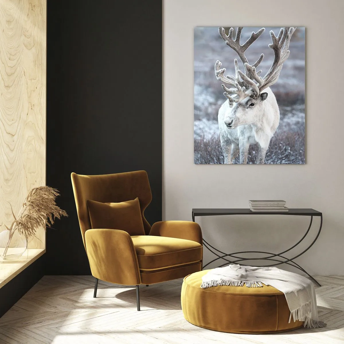 Obraz na szkle - Biały renifer na tle zimowego krajobrazu - 80x120cm - Portret w słońcu - Nowoczesna dekoracja ścienna do salonu i sypialni ARTTOR