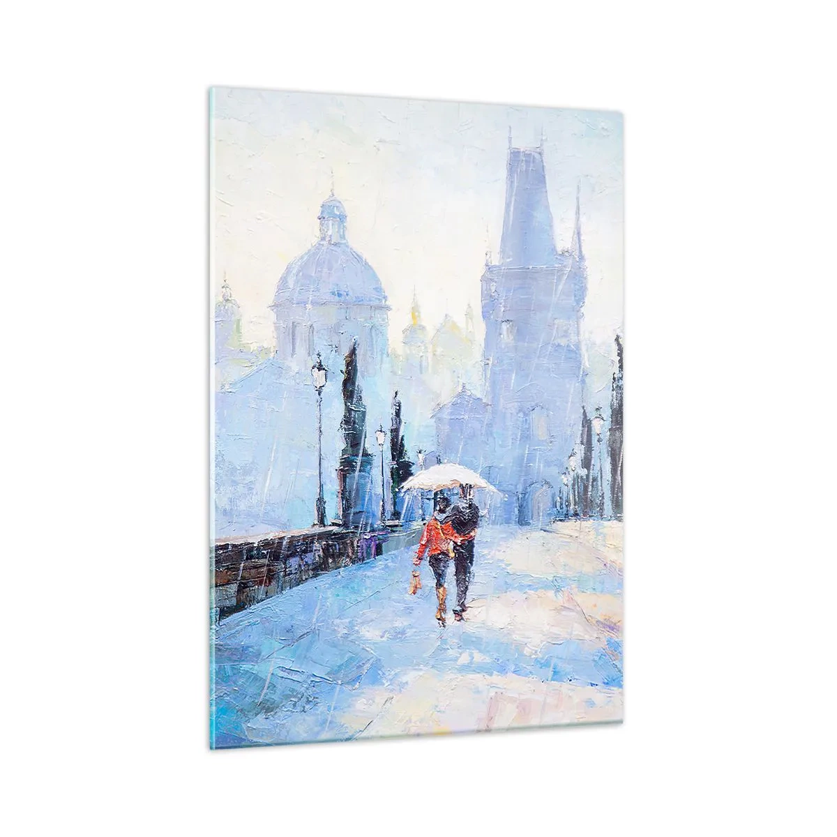 Obraz na szkle - Spacer z parasolem na zabytkowym moście w deszczowy dzień - 50x70cm - Nas zaczarować musiał deszcz - Nowoczesna dekoracja ścienna do salonu, kuchni i sypialni ARTTOR