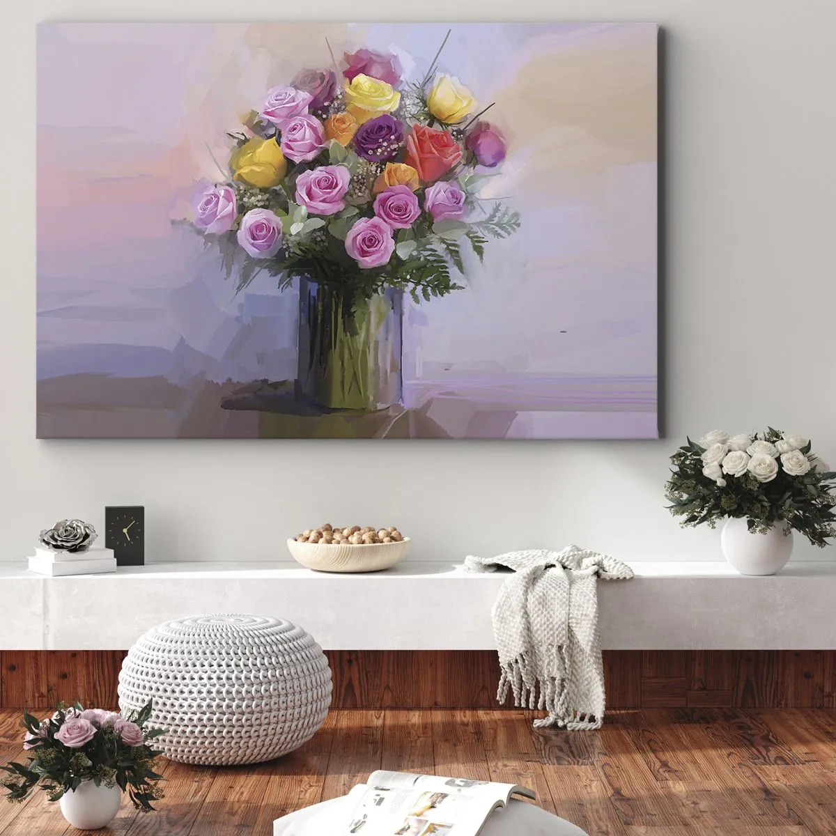 Obraz na płótnie - Bukiet kolorowych róż w szklanym wazonie - 70x50cm - Zatrzymane piękno - Nowoczesna dekoracja ścienna do salonu i sypialni ARTTOR