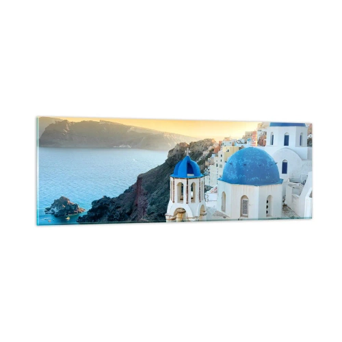 Obraz na szkle - Santorini - przytulone do skał - 90x30 cm