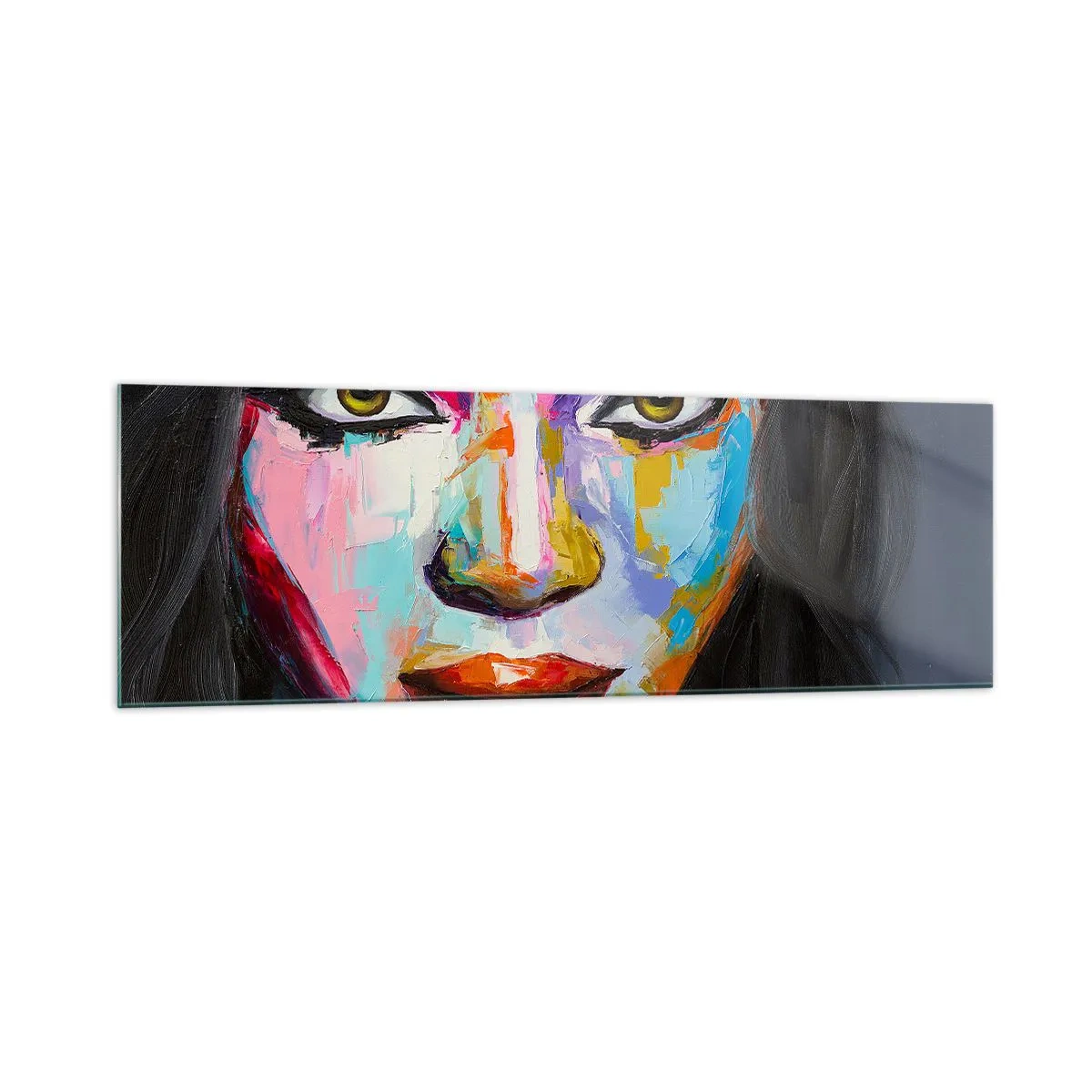 Obraz na szkle - Kolorowy portret kobiety z intensywnym spojrzeniem - 160x50cm - Nie sposób oderwac oczu - Nowoczesna dekoracja ścienna do salonu i sypialni ARTTOR