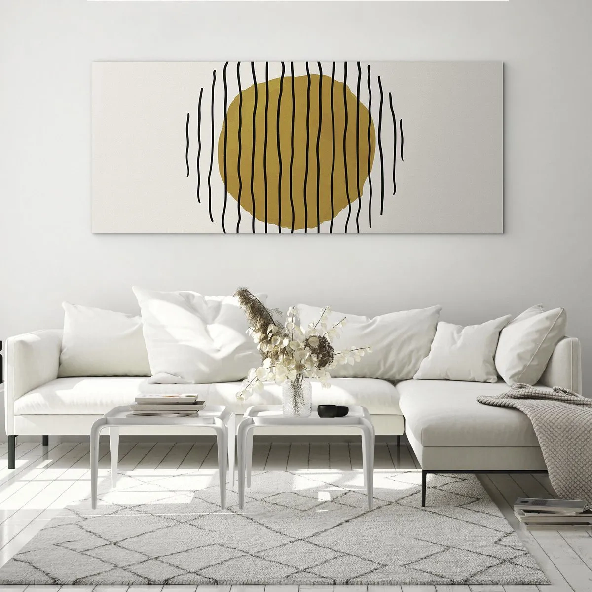 Obraz na szkle - Minimalistyczny motyw z żółtym kołem i czarnymi liniami - 120x50cm - Abstrakcja drżąca od żaru - Nowoczesna dekoracja ścienna do salonu i sypialni ARTTOR