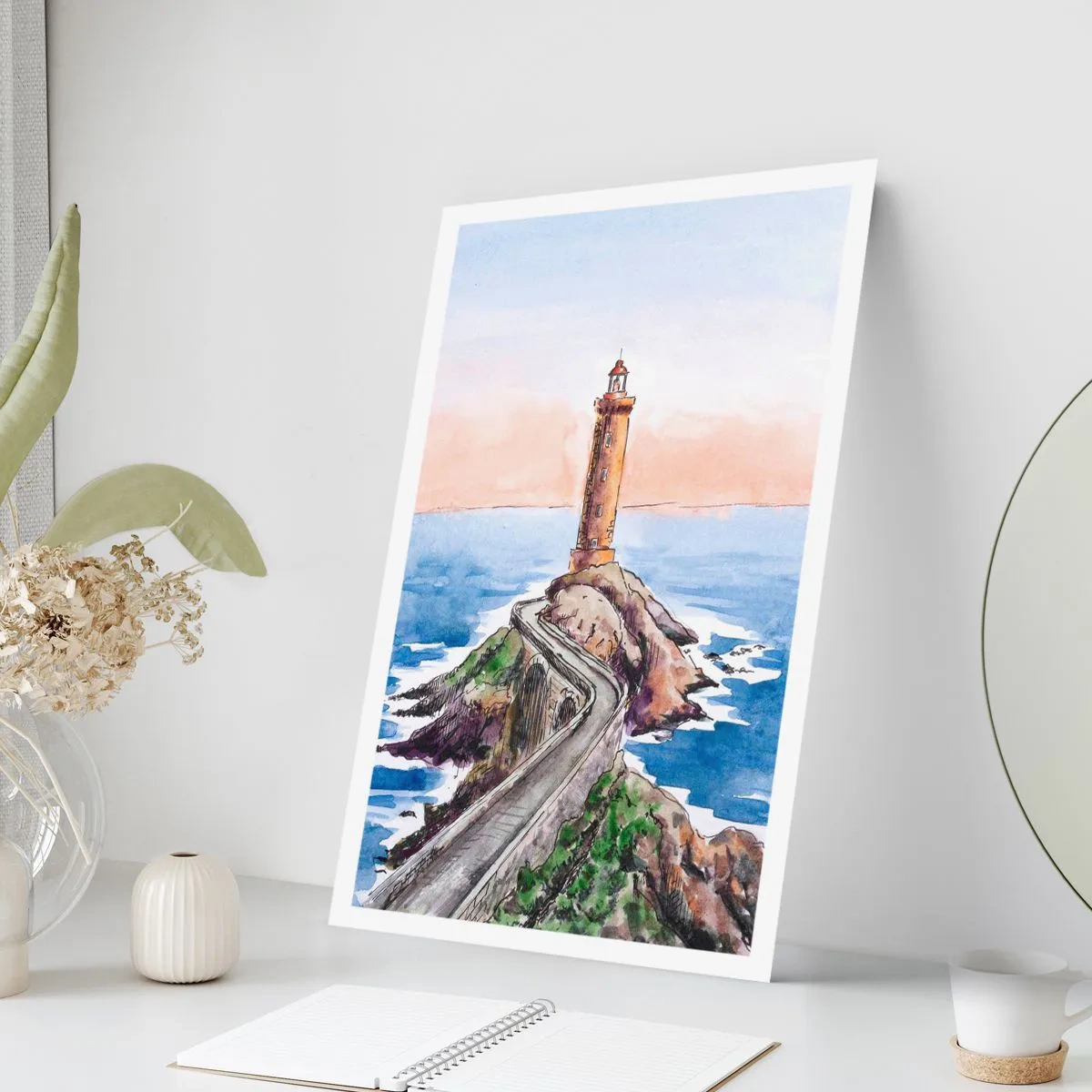 Plakat - Akwarelowa ilustracja latarni morskiej na skalistym wybrzeżu - 50x70cm - Zwrócona ku morzu - Nowoczesna dekoracja ścienna do salonu, kuchni i sypialni ARTTOR