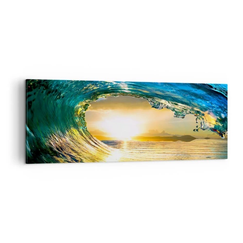 Obraz na płótnie - Fala oceaniczna w słońcu z widokiem na horyzont - 140x50cm - W szmaragdowo-złotym krysztale - Nowoczesna dekoracja ścienna do salonu i sypialni ARTTOR