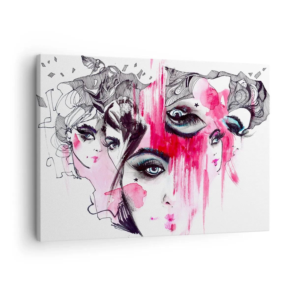 Obraz na płótnie - Abstrakcyjna twarz w odcieniach różu i czerni - 70x50cm - Abstrakcyjne oczy - Nowoczesna dekoracja ścienna do salonu i sypialni ARTTOR