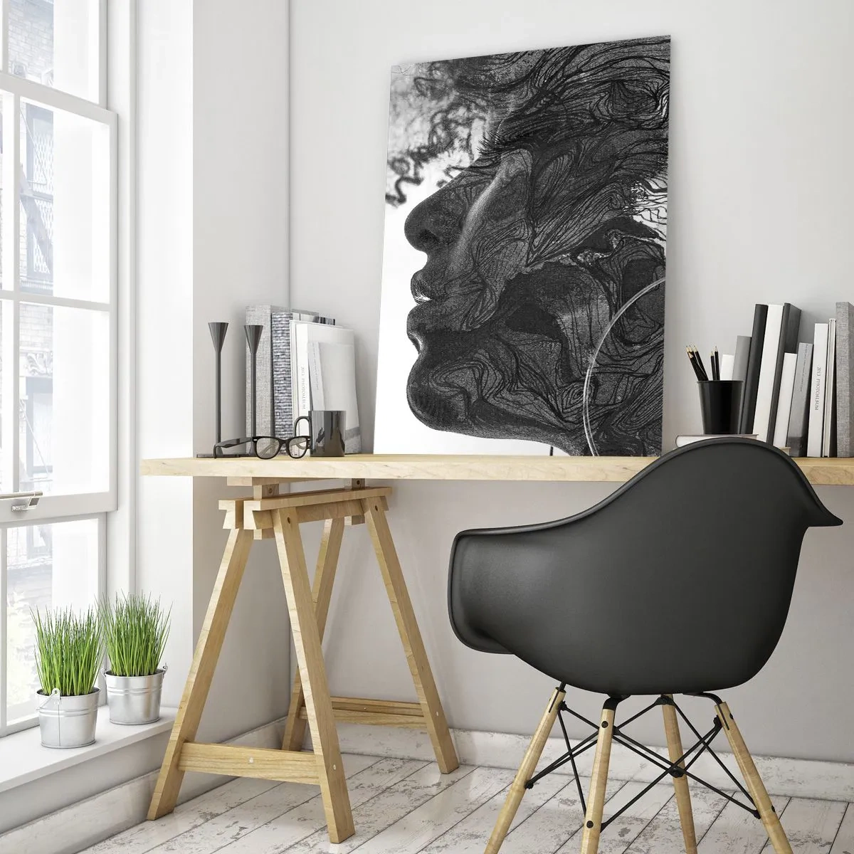 Obraz na szkle - Abstrakcyjna twarz w czerni i bieli z dynamicznymi liniami - 80x120cm - Zaplątana w marzeniach - Nowoczesna dekoracja ścienna do salonu i sypialni ARTTOR