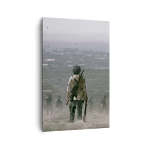 Obraz na płótnie - Postać z bronią stojąca naprzeciw grupy w dystopijnym krajobrazie - 80x120cm - Ostatni sprawiedliwy? - Nowoczesna dekoracja ścienna do salonu i sypialni ARTTOR