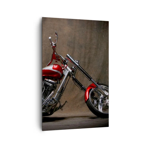 Obraz na płótnie - Czerwony motocykl custom na tle brązowego materiału - 80x120cm - Czerwono-srebrna piękność - Nowoczesna dekoracja ścienna do salonu i sypialni ARTTOR