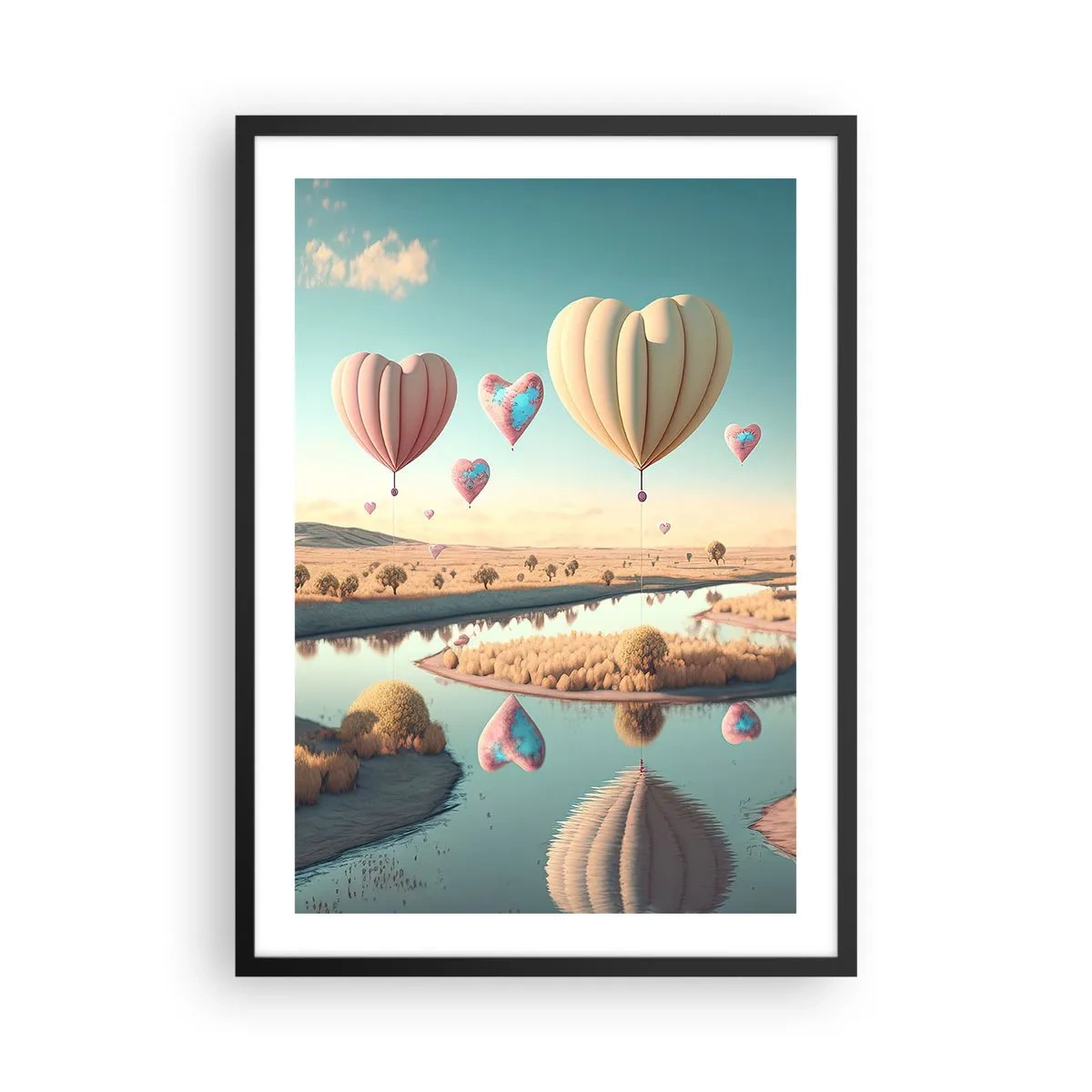 Plakat w czarnej ramie - Balony w kształcie serc unoszące się nad krajobrazem - 50x70cm - Miłość pozwala wznieść się - Nowoczesna dekoracja ścienna do salonu i sypialni ARTTOR