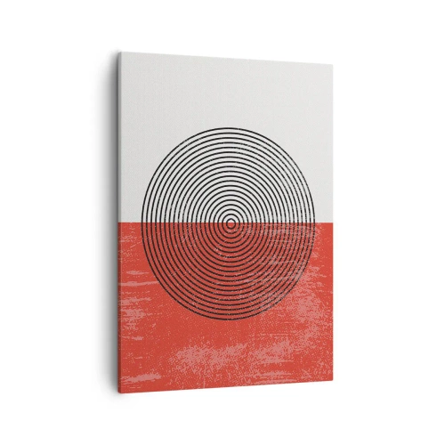 Obraz na płótnie - Abstrakcyjna kompozycja z koncentrycznymi okręgami na tle bieli i czerwieni - 50x70cm - W samo sedno - Nowoczesna dekoracja ścienna do salonu, kuchni i sypialni ARTTOR