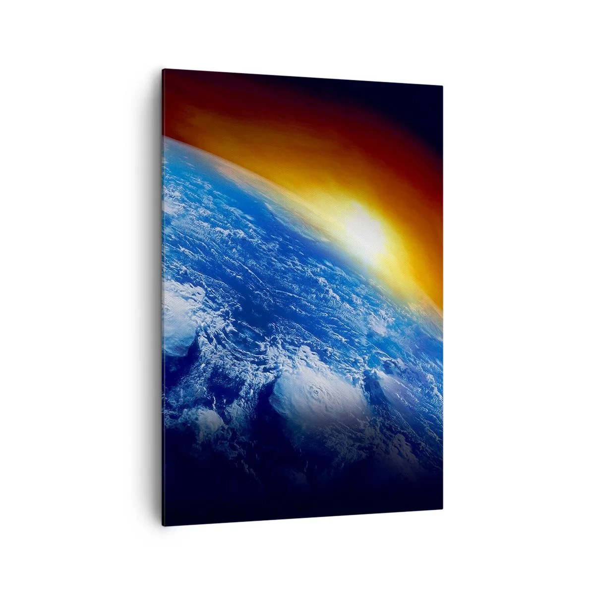 Obraz na płótnie - Widok na Ziemię z kosmosu przy zachodzącym słońcu - 70x100cm - Wschód słońca nad błękitną planetą - Nowoczesna dekoracja ścienna do salonu i sypialni ARTTOR