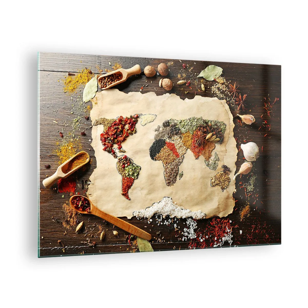 Obraz na szkle - Mapa świata ułożona z różnorodnych przypraw na rustykalnym tle - 70x50cm - Wszystkie smaki świata - Nowoczesna dekoracja ścienna do salonu i sypialni ARTTOR