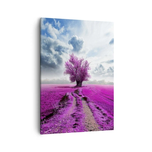 Obraz na płótnie - Wrzosowisko z drzewem na tle nieba - 50x70cm - Wrzosowisko - uroczysko - Nowoczesna dekoracja ścienna do salonu, kuchni i sypialni ARTTOR