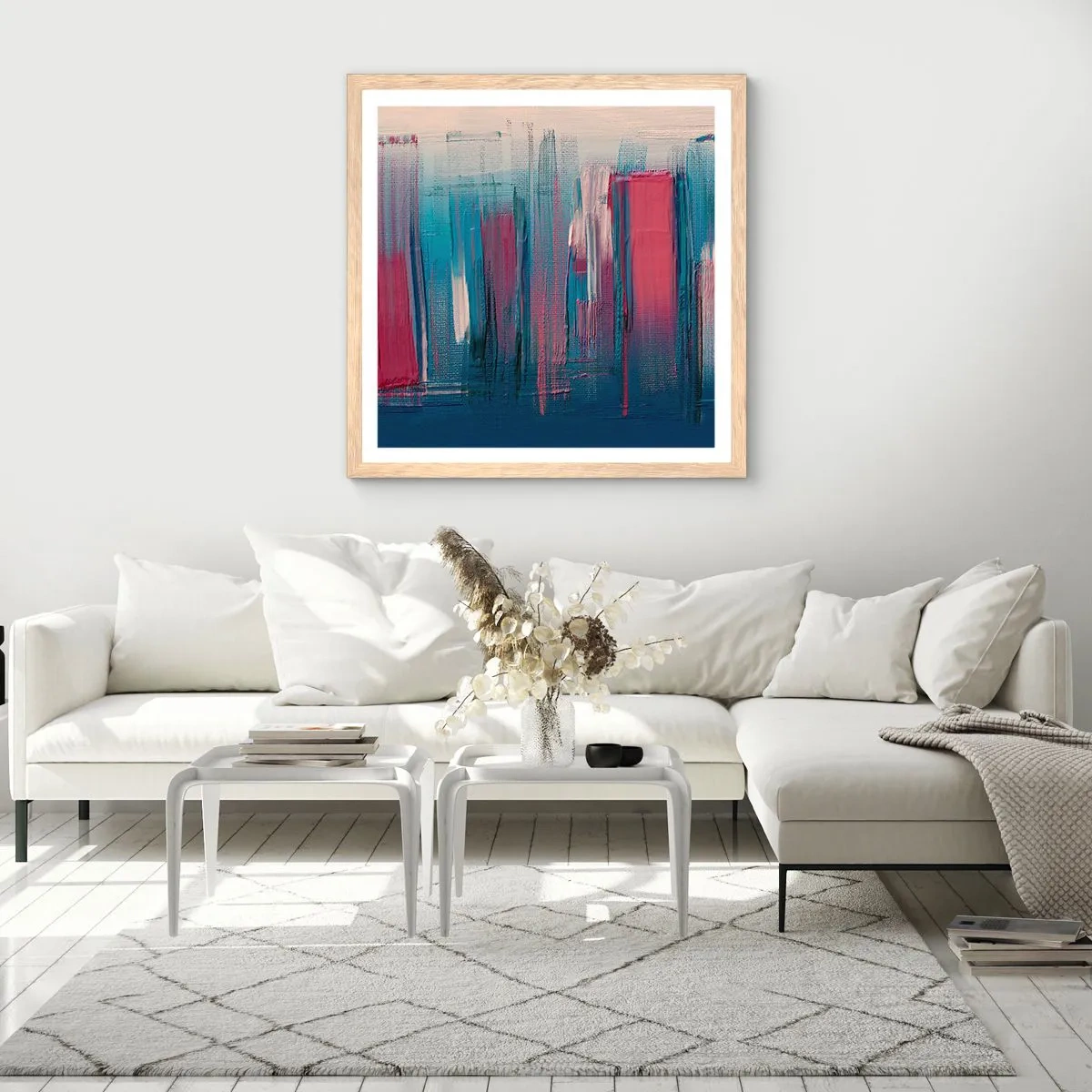 Plakat w ramie jasny dąb - Kompozycja wertykalna w błękicie i czerwieni - 30x30 cm