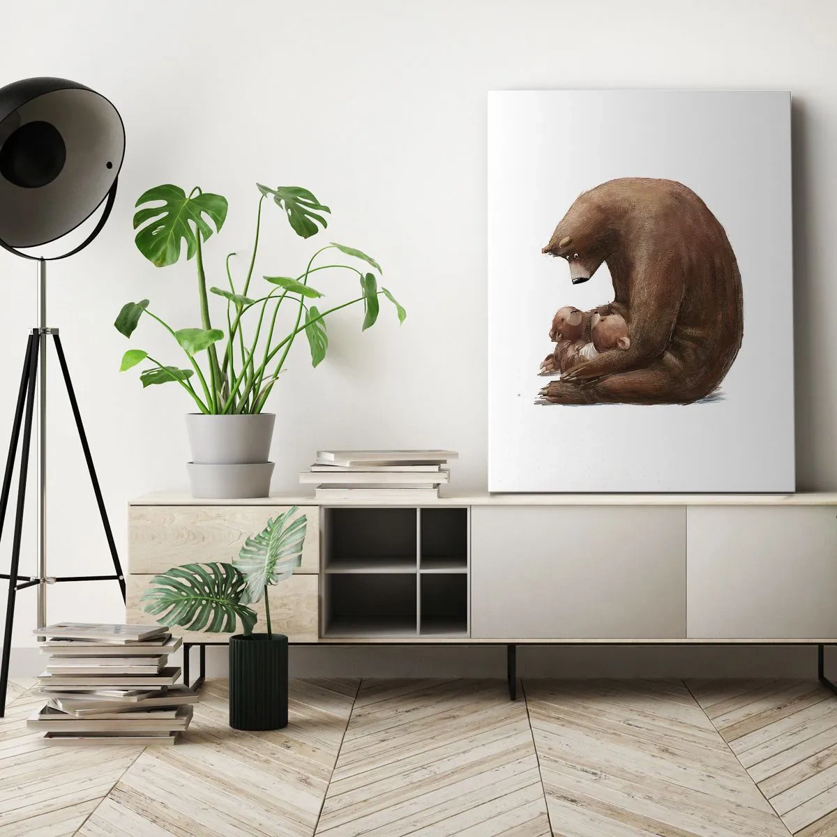 Obraz na płótnie - Niedźwiedzica z dwoma małymi niedźwiadkami w ramionach - 70x100cm - Słodkich snów, dzieciaki - Nowoczesna dekoracja ścienna do salonu i sypialni ARTTOR