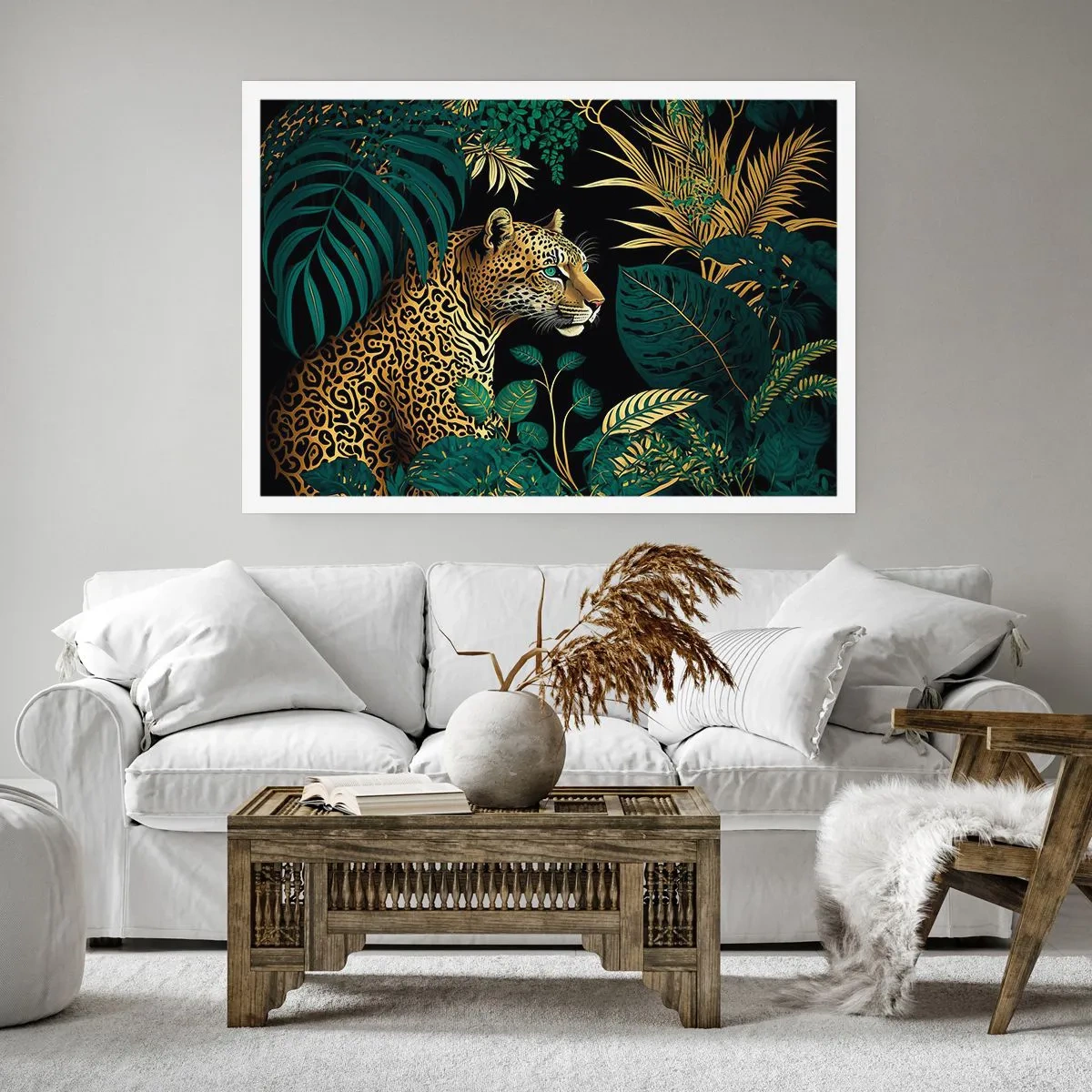 Plakat - Leopard w tropikalnych liściach na czarnym tle - 100x70cm - Gospodarz w dżungli - Nowoczesna dekoracja ścienna do salonu i sypialni ARTTOR