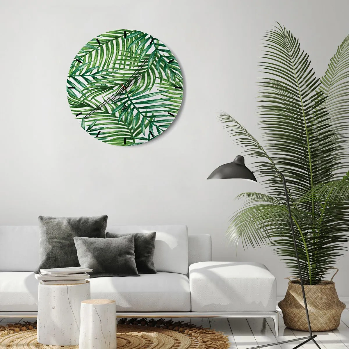 Zegar ścienny - Zielone liście palmy ułożone w gęstą kompozycję - 30x30cm - Pod zielonym baldachimem - Nowoczesna dekoracja ścienna do salonu, kuchni i sypialni ARTTOR