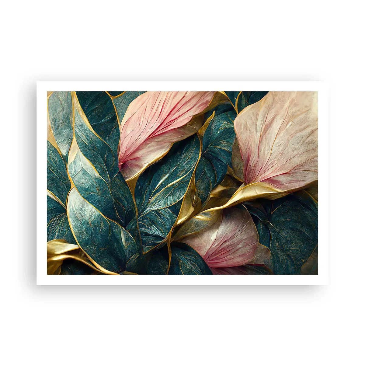Plakat - Eleganckie liście w zieleni, złocie i różu - 100x70cm - Naturalna elegancja i styl - Nowoczesna dekoracja ścienna do salonu i sypialni ARTTOR