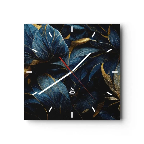 Zegar ścienny - Eleganckie liście w złotych i granatowych odcieniach - 30x30cm - Złotem podszyte - Nowoczesna dekoracja ścienna do salonu i sypialni ARTTOR