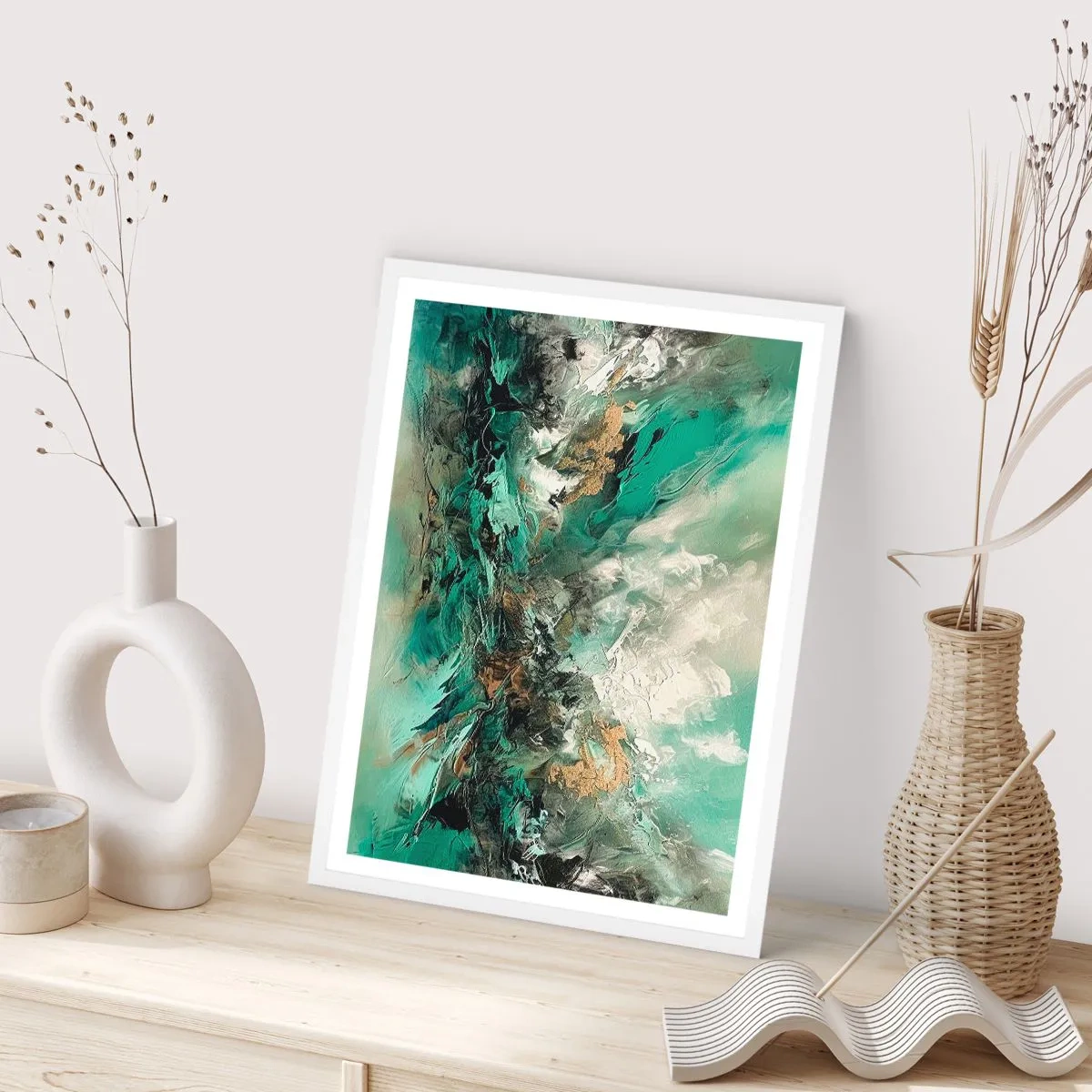 Plakat w białej ramie - Szmaragdowo-czarna kipiel - 70x100 cm